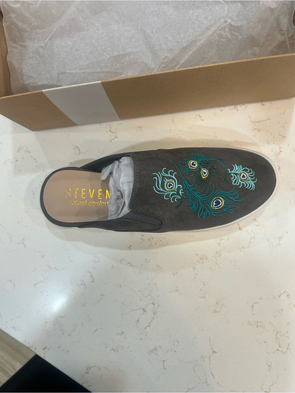 Steven Mule Slip-On with Peacock Embroidery - Dark Gray/Teal